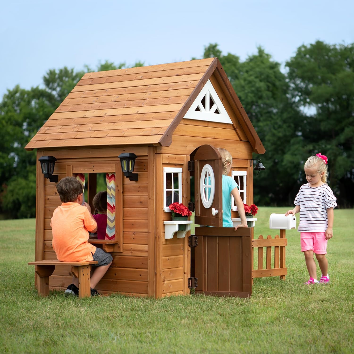 Backyard Discovery Aspen Wooden Playhouse, Outdoor Children's Play House for the Garden Including Accessories, Garden Shed for Children with Windows in Brown and White
