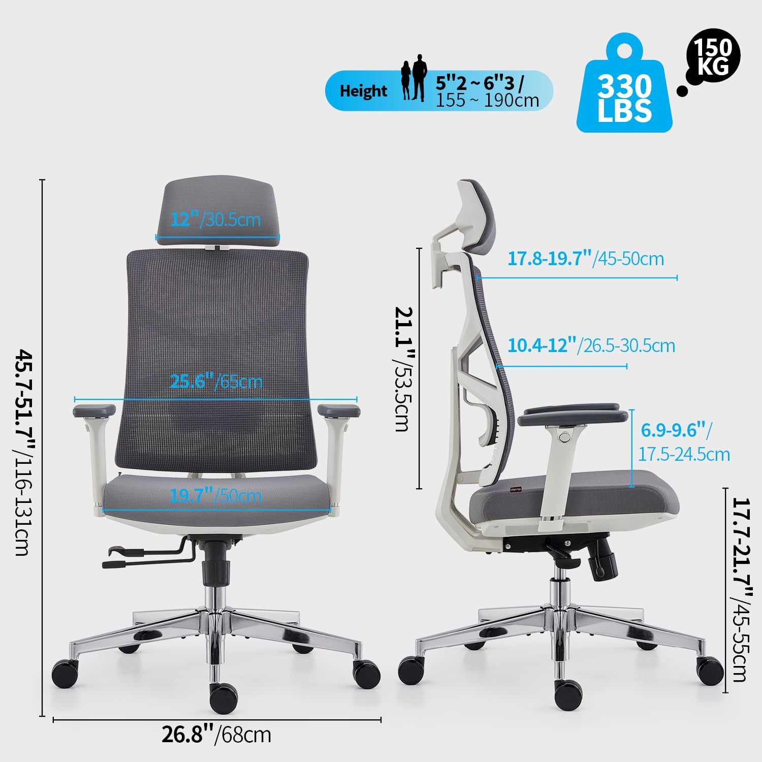 HOLLUDLE Ergonomic Office Chair with Adjustable Backrest, Computer Chair with 4D Armrests, Adjustable Seat Depth, Lumbar Support and 2D Headrest, Task Chair, White