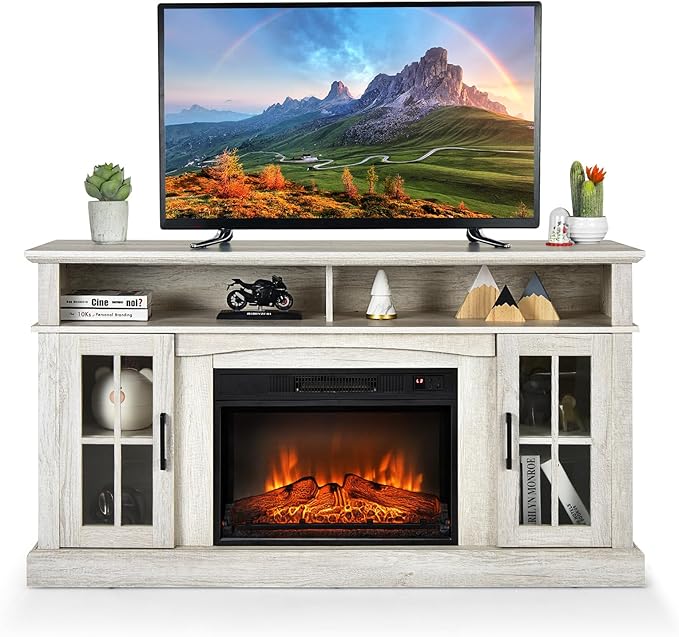 COSTWAY Electric Fireplace TV Stand for TVs Up to 65 Inches, 1400W Heater Insert with Remote Control, 6H Timer, 3-Level Flame, Overheat Protection and CSA Certification, Adjustable Shelves, Grey