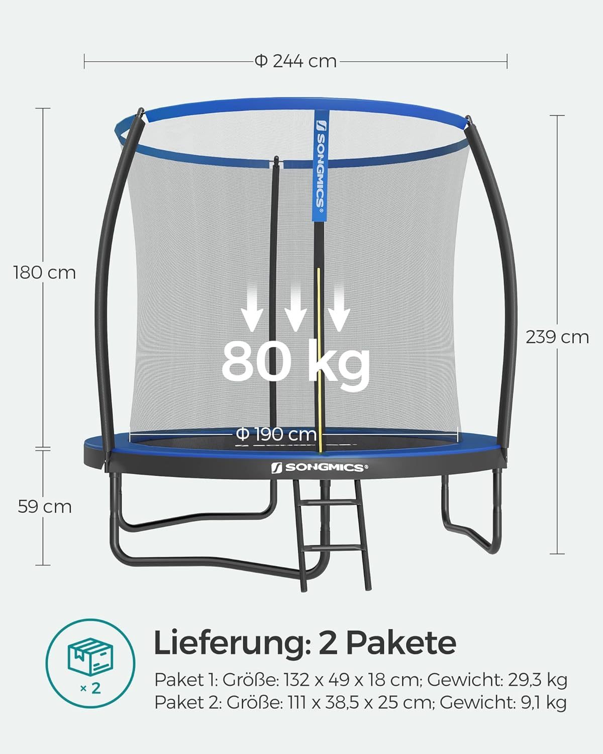 SONGMICS Outdoor Trampoline Ø 244 cm, Round Garden Trampoline for Children with Safety Net, Edge Cover, Ladder and Padded Poles