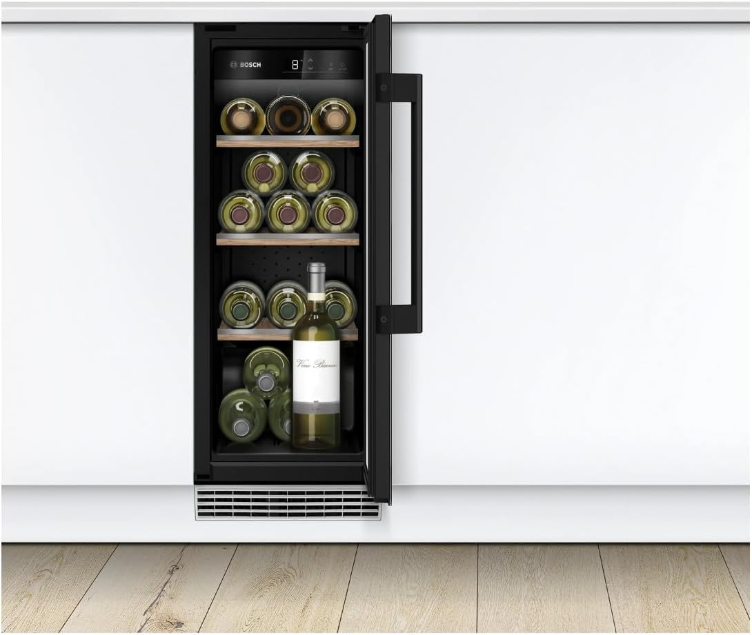 Bosch KUW20VHF0 Series 6 Wine Refrigerator, 82 x 30 cm, 21 Bottles, Temperature: 5-20°C, One Temperature Zone, 58 L, LED Lighting Even Illumination, Switchable Presenter Light [Energy Class F]