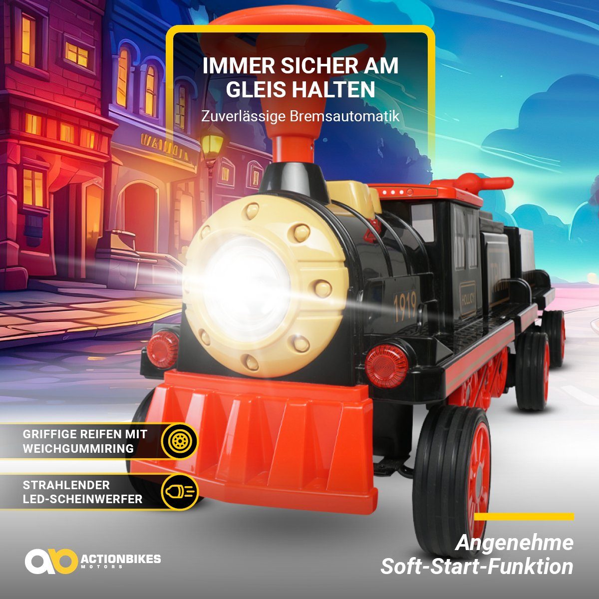 Actionbikes Motors electric children's car, children's electric train with trailer, load capacity 60 kg, (2 pieces), 3 seats - horn and music - soft start - 2 x 12 V motors