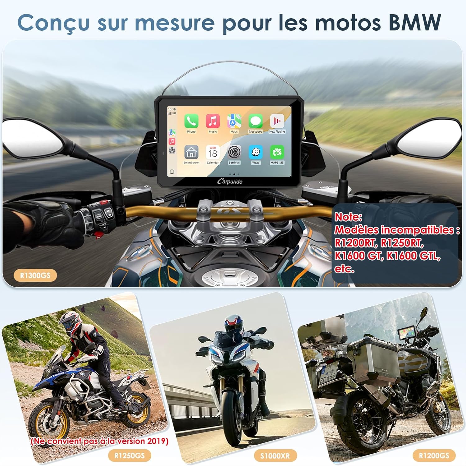 Carpuride W702BS Pro Moto Carplay Écran avec Natif Wonder Wheel pour BMW Moto, Sans Fil CarPlay et Android Auto, 7 Pouces Étanche Tactile Écran, Double Bluetooth, Interphone Fonction, Données Lecture.