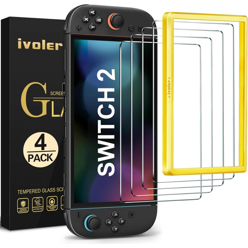 ivoler Pack of 4 Tempered Glass Compatible with Nintendo Switch 2 Model 2025, with Free Installation Kit, Screen Protector Film - 9H Glass - Anti-Scratch - Bubble-Free