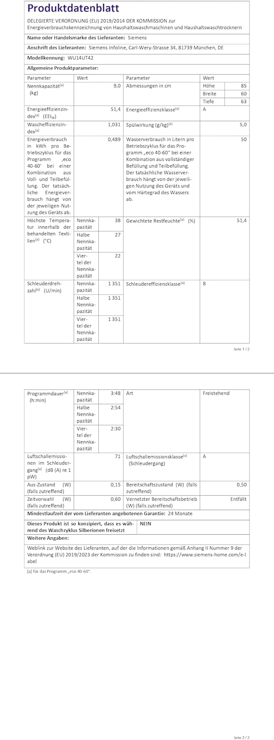 Siemens WU14UT42, iQ500 Waschmaschine, 9kg, 1400 UpM, Unterbaufähig, Extra stromsparend und leise, varioSpeed für kürzere Programme, LED-Display, Outdoor-Programm, Nachlegefunktion, aquaStop [Energieklasse A]