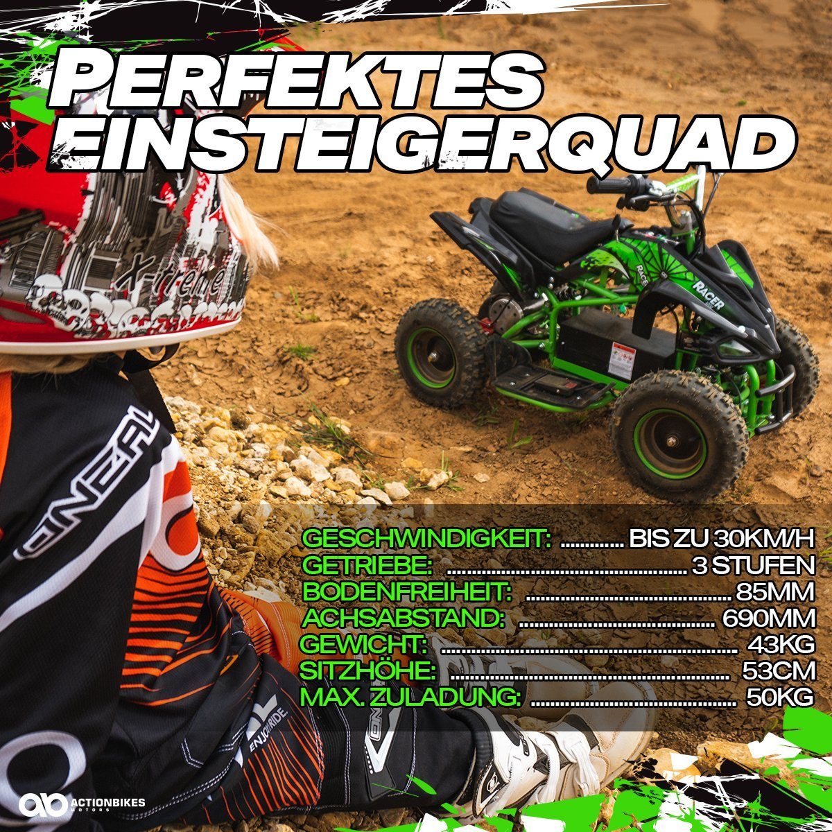 Actionbikes Motors Electric Children's Quad Mini Children's Electric Quad Racer 1000 W 36 V, load capacity 50 kg, (1 piece), up to 50 kg - disc brakes - Safety Touch System foot switch