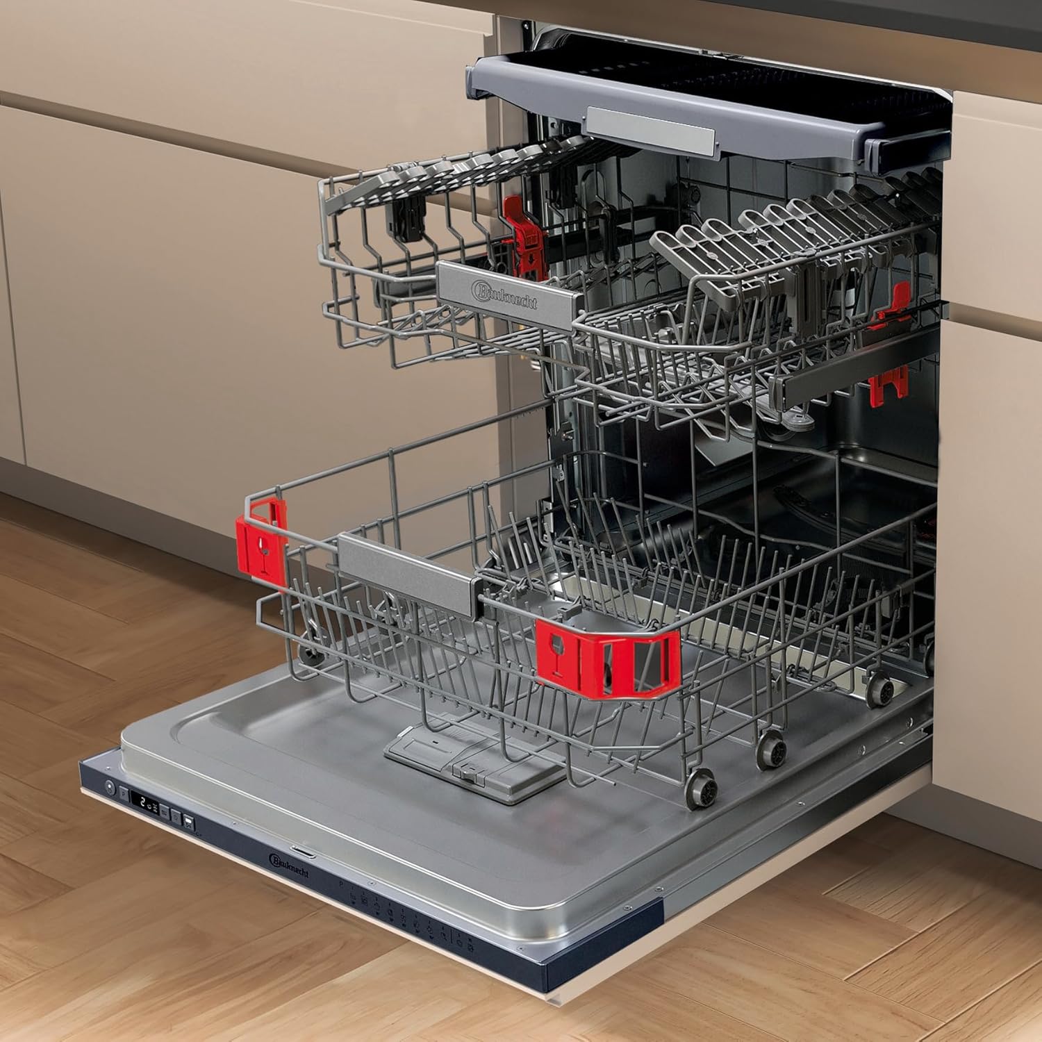 Bauknecht BKSV2 PAN Integrated Dishwasher, 60 cm, ActiveDry - Automatic Door Opening System, MultiZone - Separate Top or Bottom Basket Sinks, Delay Start, Full Water Protection, Stainless Steel [Energy Class A]