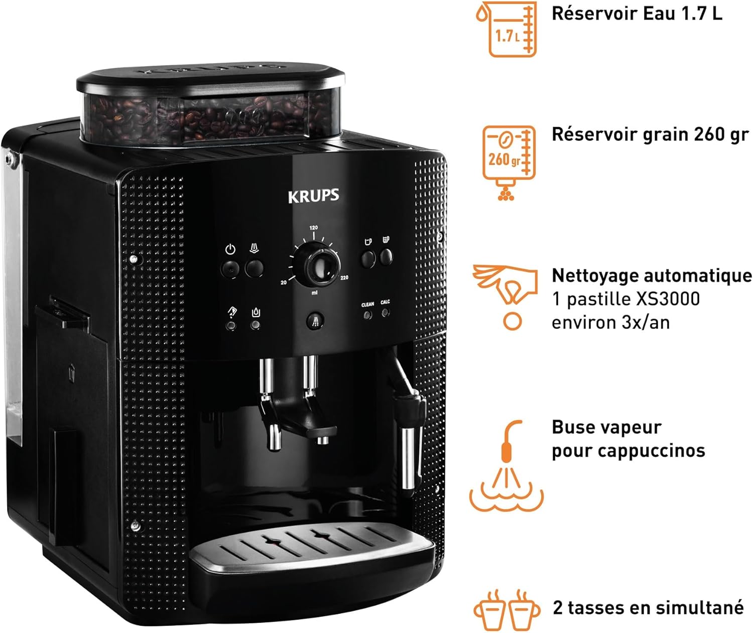 Krups Machine à café grain, 1,7 L, 2 tasses en simultané, Nettoyage automatique, Buse vapeur pour Cappuccino, Cafetière espresso, Essential noire YY8125FD