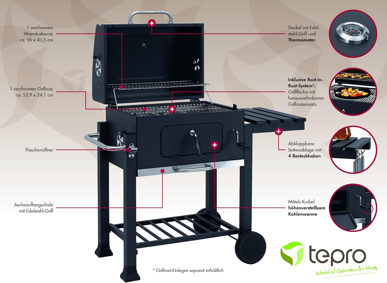 Tepro Toronto Grill Cart, Charcoal Grill with Innovative Design