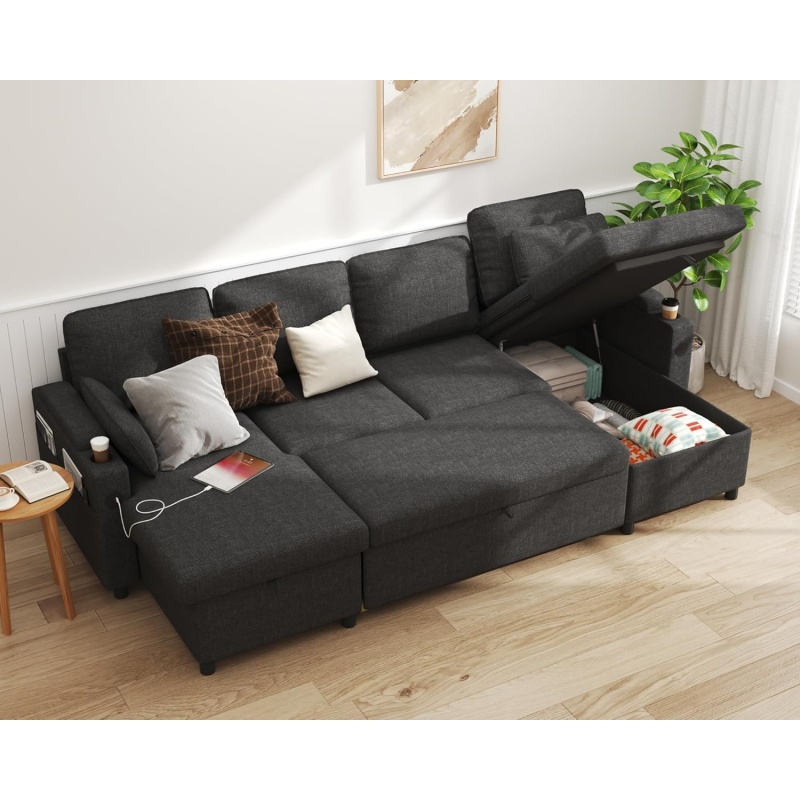 DURASPACE U-Shaped Sofa Bed, 4-Seater Sofa Bed with Storage Space, USB Port and Cup Holder