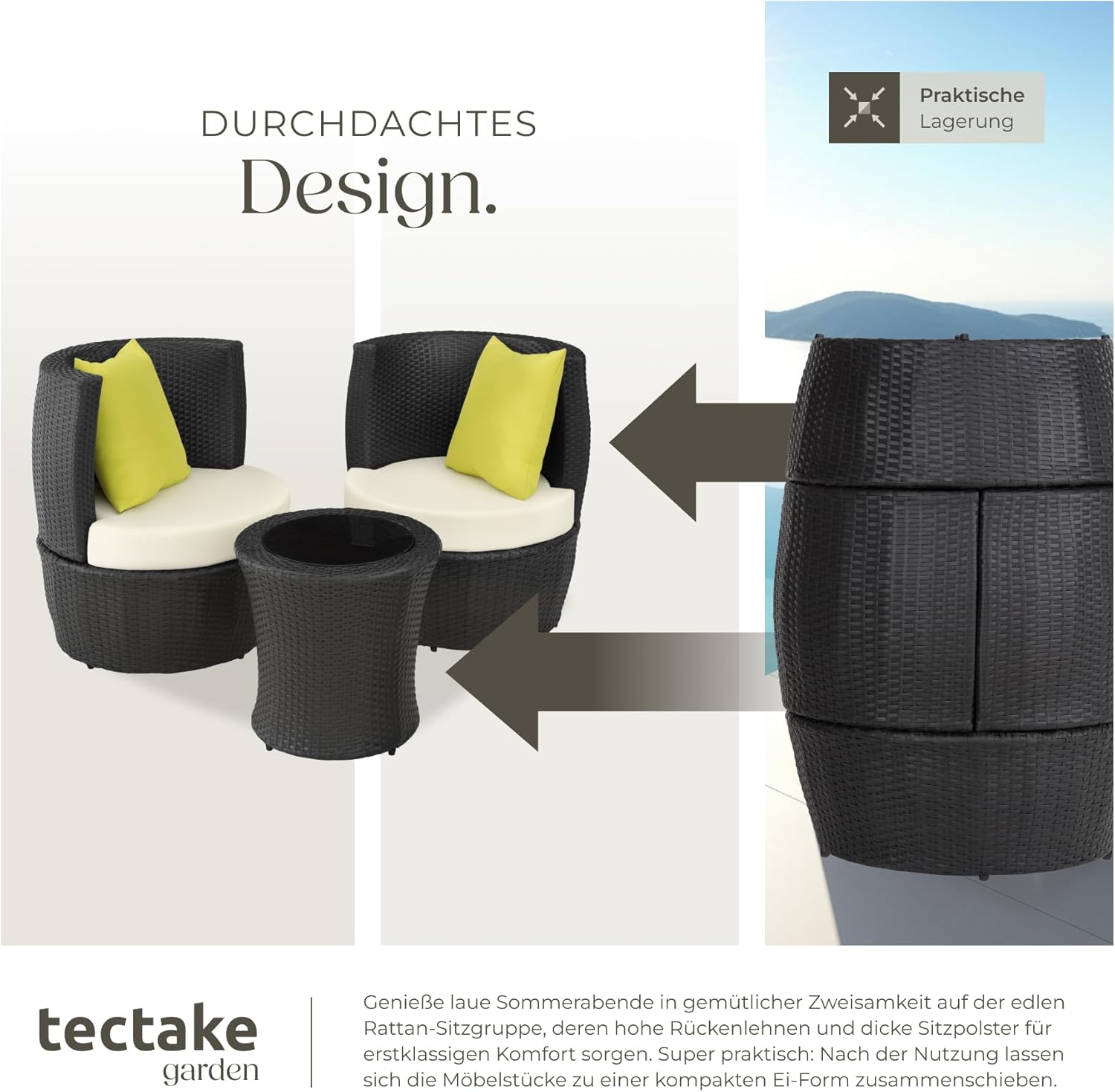 tectake® Rattan garden furniture set for 2 people, balcony furniture set, garden furniture set with 2 chairs, 1 x round side table, 1 x vase, can be folded to save space