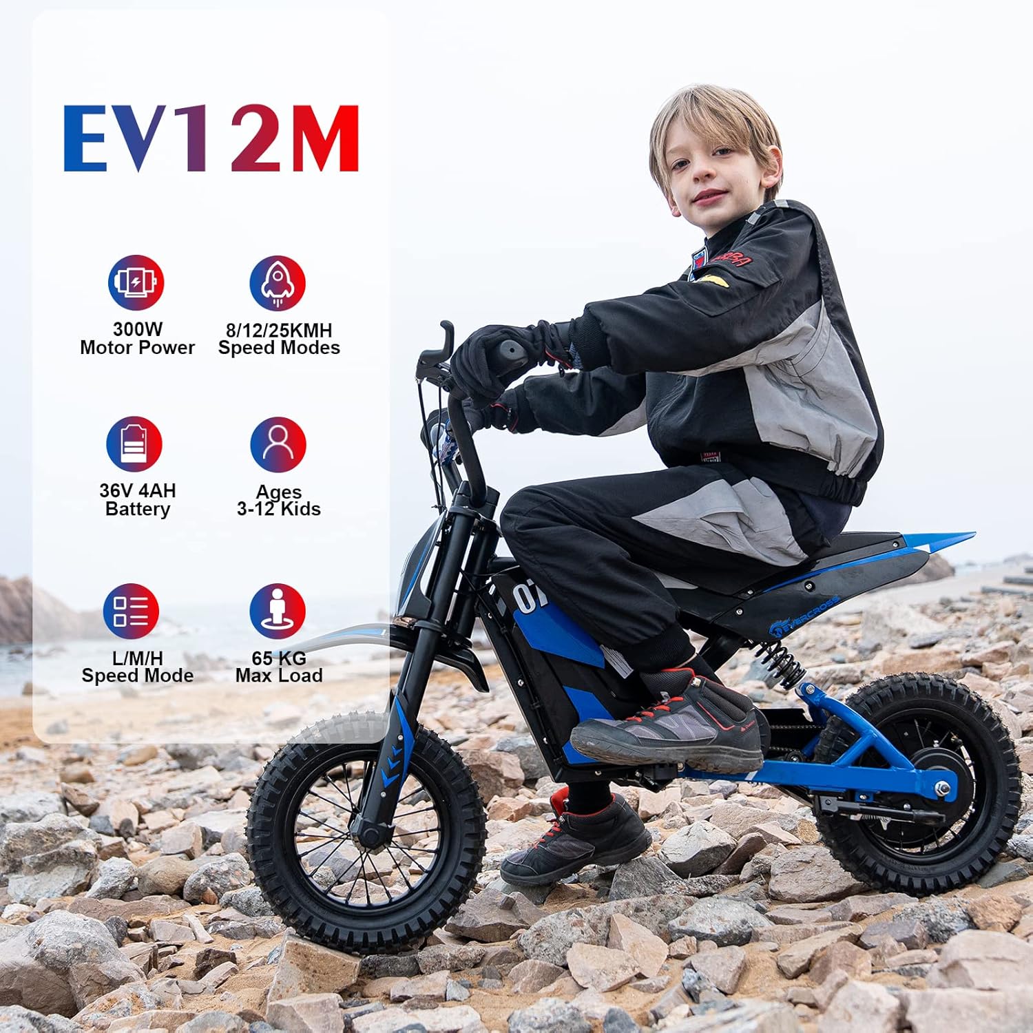 EVERCROSS EV12M Electric Motocross for Kids, Electric Motorcycle with 300W Motor, 8/12/25 KMH Speed ​​Modes, 15KM Range, 12'' Pneumatic Tire, Suitable for Kids 3-12 Years Old