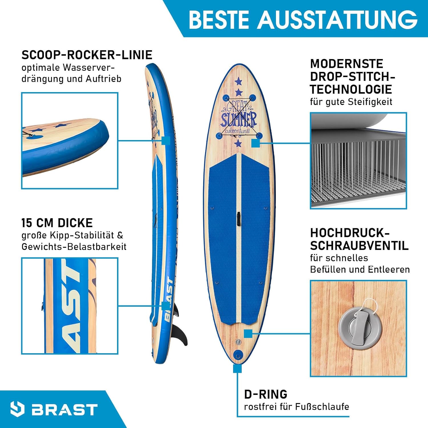 BRAST® SUP Board Summer Inflatable Stand Up Paddle Set 320 x 81 x 15 cm