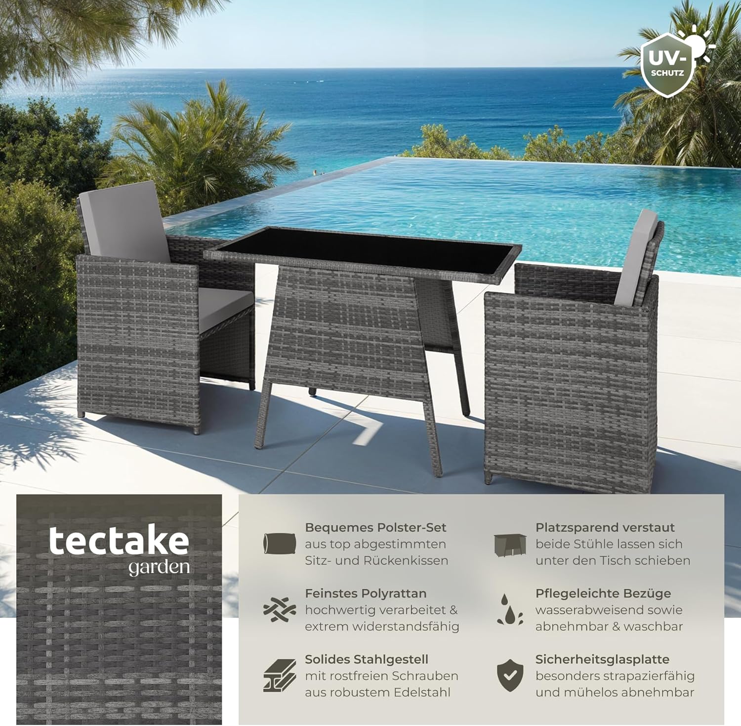 tectake® Polyrattan garden furniture set for 2 people, outdoor furniture, foldable, takes up little space, 2 armchairs and 1 table, ideal lounge set for the balcony, garden furniture, patio furniture,
