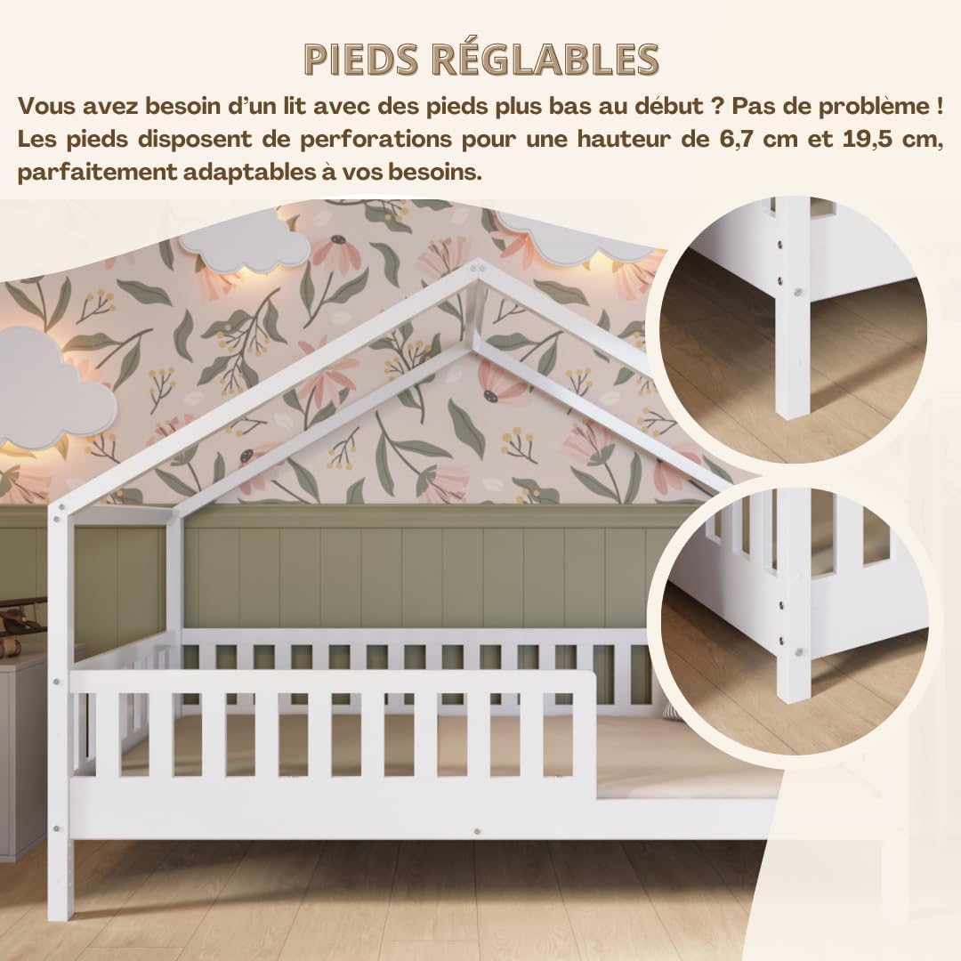 Crazy Pine Cabin Bed 160x80 cm – Natural Wood Children's Bed with Barrier – Montessori Floor Bed with Height-Adjustable Legs and Removable Barrier - Crazy House