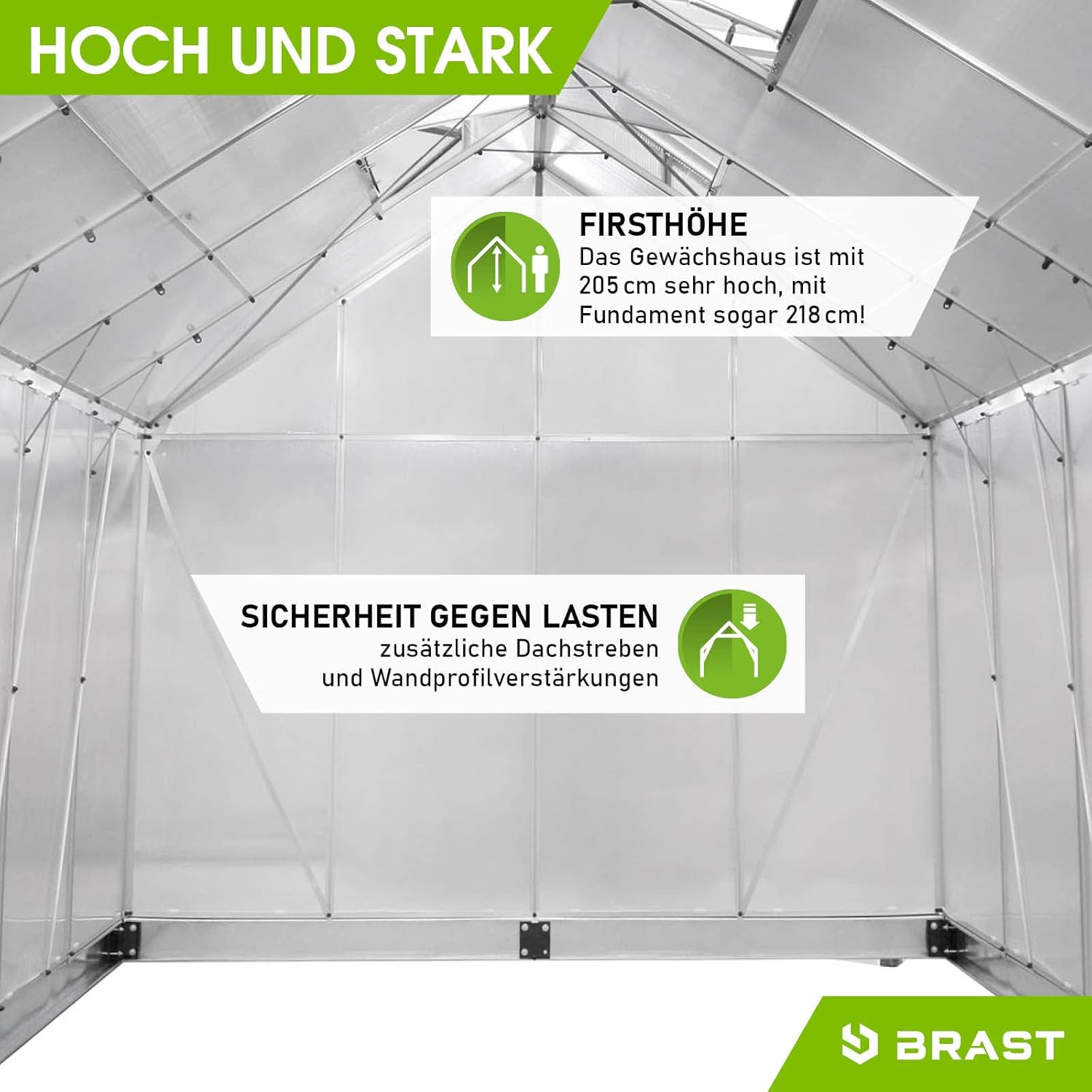 BRAST Aluminium Greenhouse with Base, 250 x 250 x 205 cm, TÜV Tested, 6 mm Hollow Chamber Panels Rustproof, Weatherproof, Temperature-Resistant
