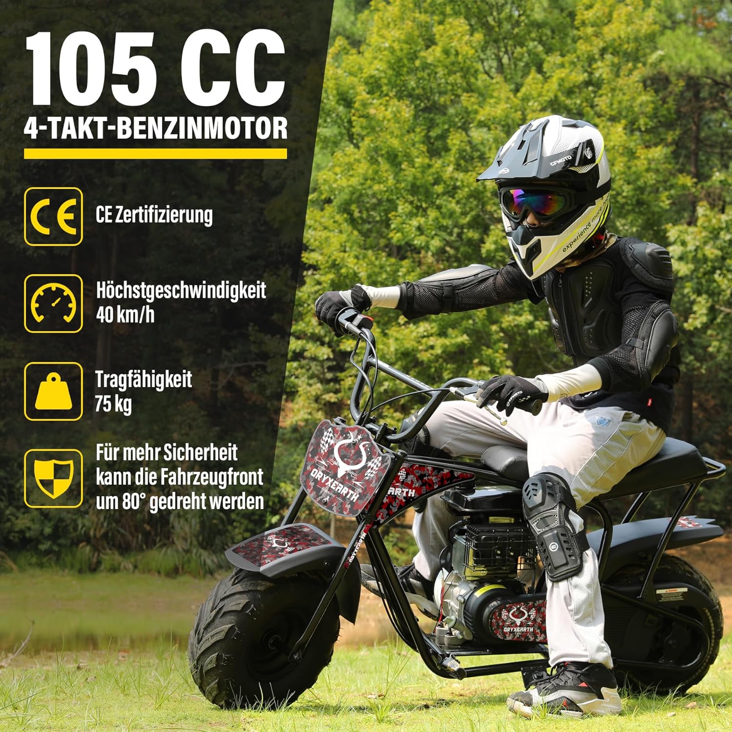 Dirt Bike 105CC 4-Takt benzinbetriebenes Off Road Kinder Pit Bike mit 4 Arten von DIY-Aufklebern, Automatikgetriebe und Seilzugstarter Pocket Bike ab 13 Jahren Teenager Erwachsener Geschenk (Rot)