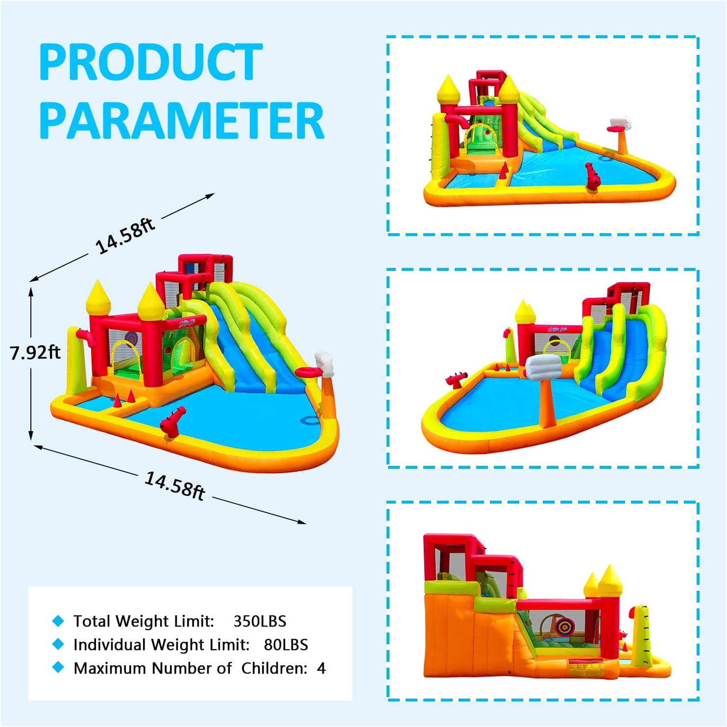 Inflatable Bounce House with Slides, Inflatable Water Slide for Kids Backyard, Bounce Water Prak with Air Blower, Splash Pool, Water Cannon, Climbing Wall, Outdoor Backyard Water Park