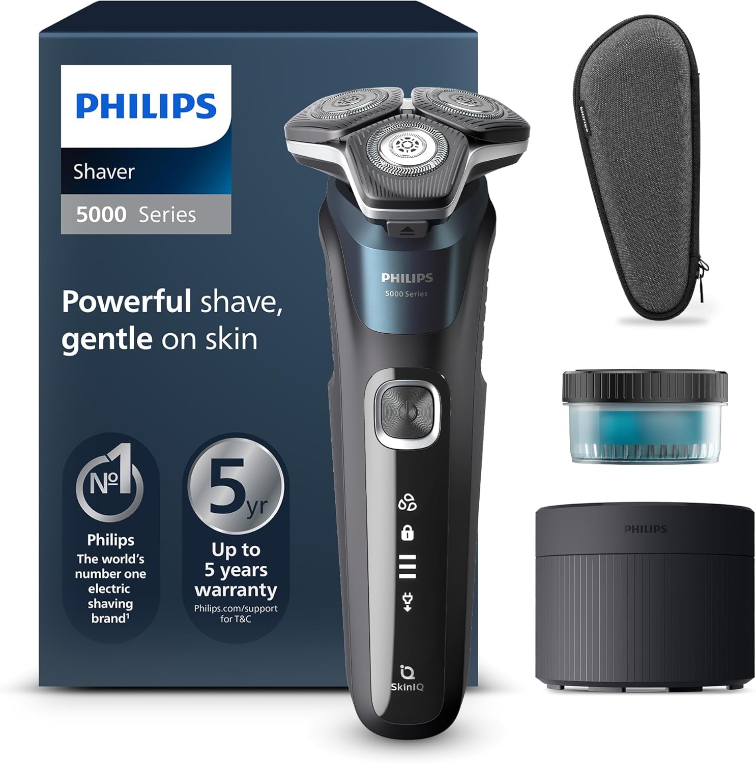 Philips Shaver Series 5000 – Electric wet and dry shaver with SkinIQ technology, fold-out trimmer, carrying case, cleaning station, electric blue