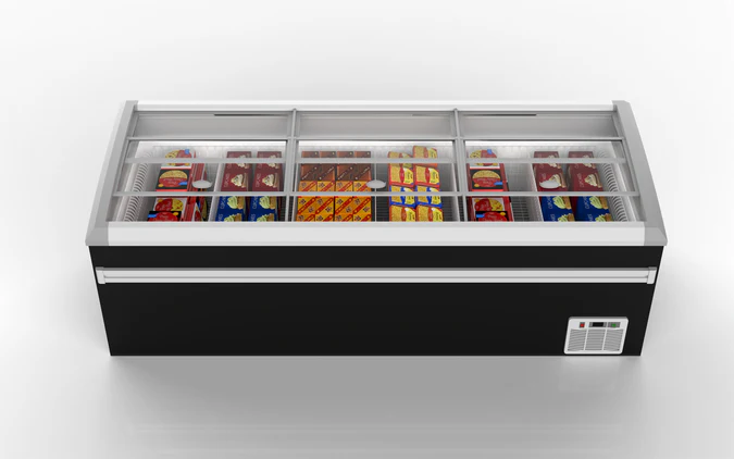 100” Wide SUPERMARKET SLIDING GLASS TOP DISPLAY ISLAND FREEZER (Model: IHF-D2509PB )for Frozen Meat, Frozen Pizza, Icecream and Ice Bag
