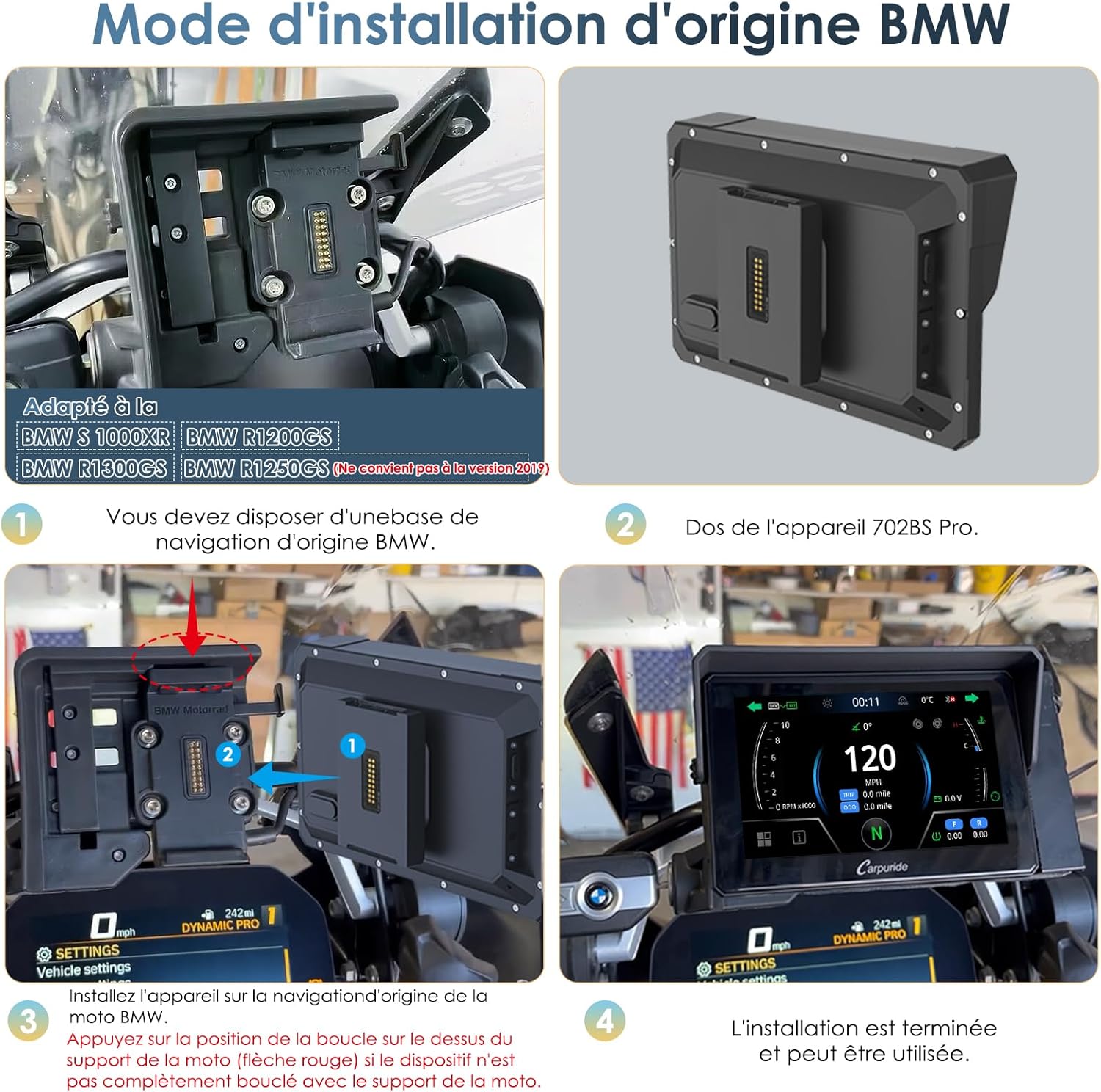 Carpuride W702BS Pro Moto Carplay Écran avec Natif Wonder Wheel pour BMW Moto, Sans Fil CarPlay et Android Auto, 7 Pouces Étanche Tactile Écran, Double Bluetooth, Interphone Fonction, Données Lecture.