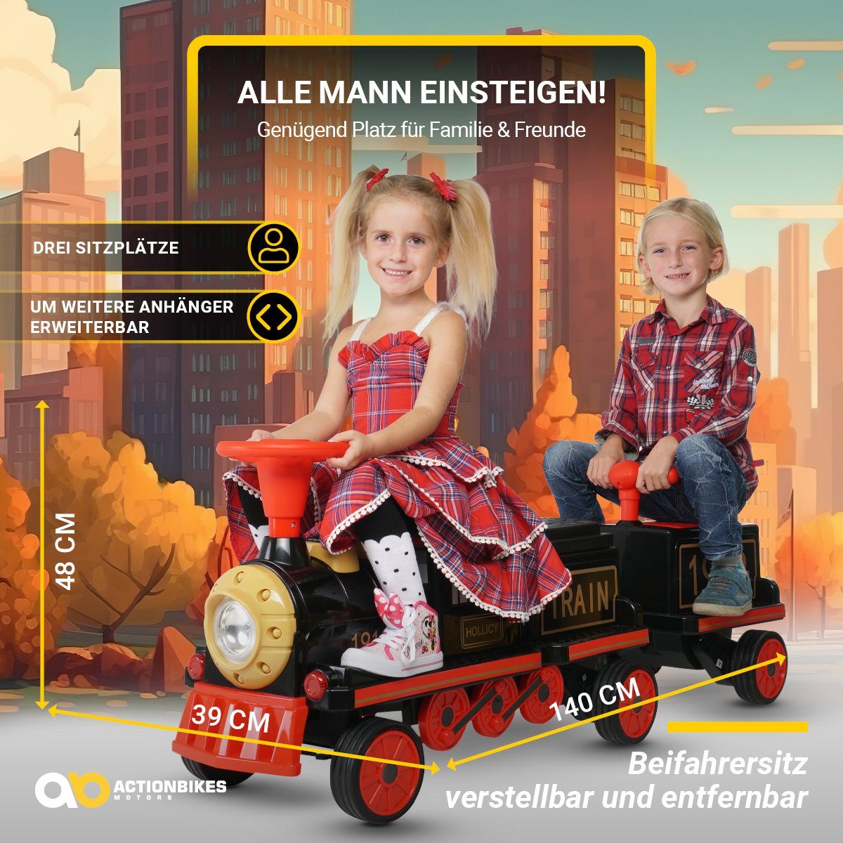 Actionbikes Motors electric children's car, children's electric train with trailer, load capacity 60 kg, (2 pieces), 3 seats - horn and music - soft start - 2 x 12 V motors