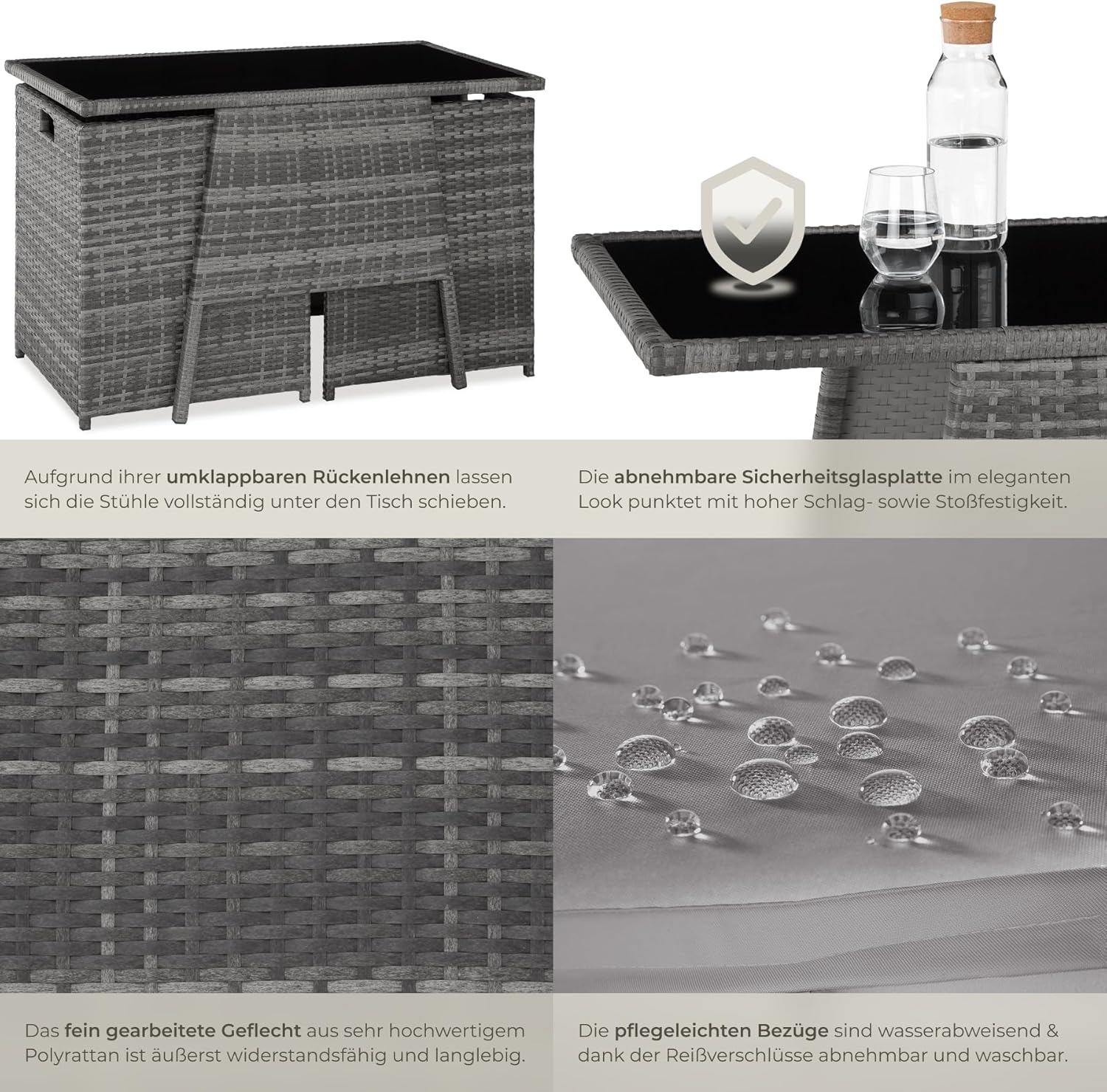 tectake® Polyrattan garden furniture set for 2 people, outdoor furniture, foldable, takes up little space, 2 armchairs and 1 table, ideal lounge set for the balcony, garden furniture, patio furniture,