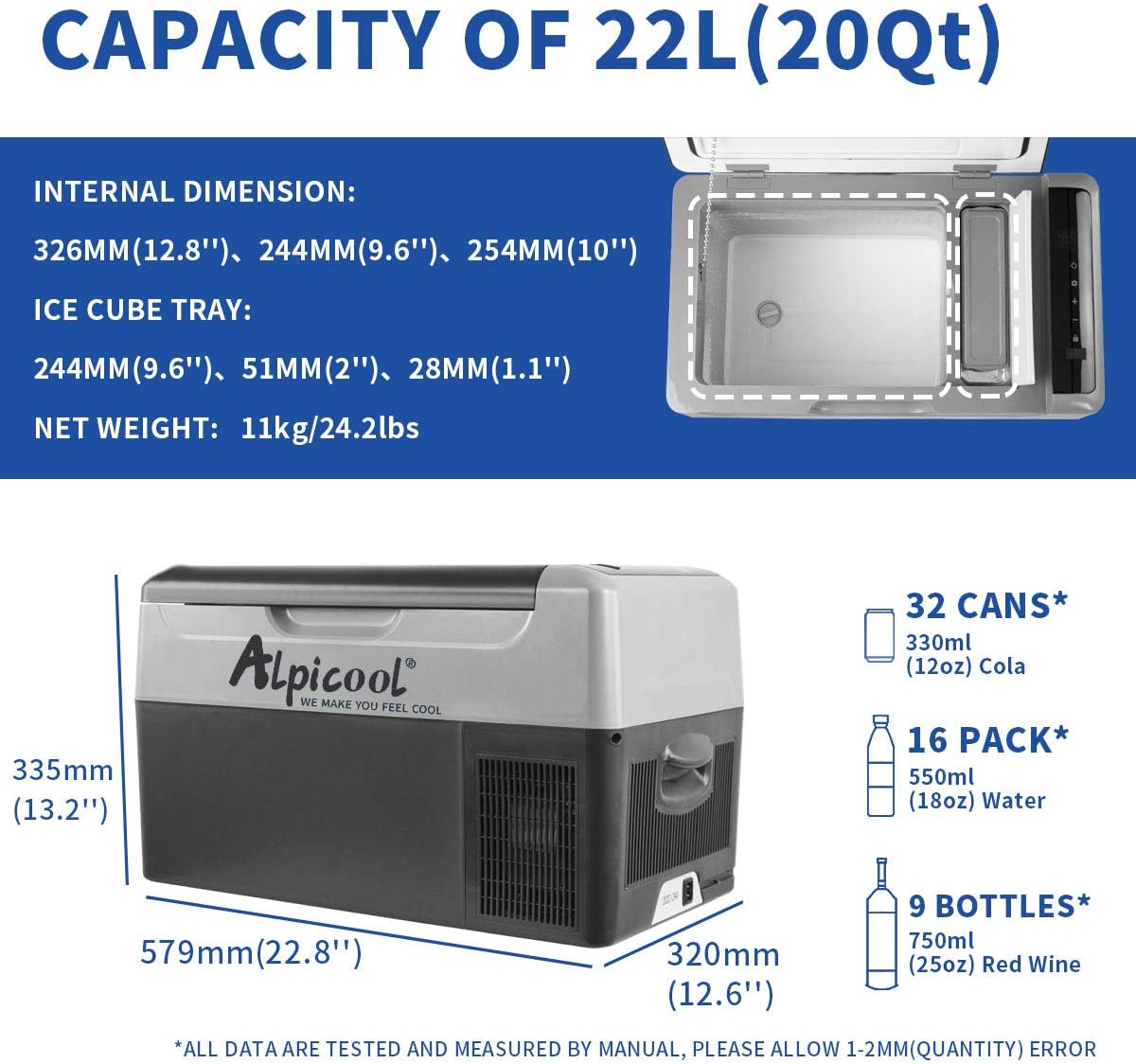 Alpicool G22 22L Compressor Car Fridge Freezer, DC 12v Camping Refrigerator, Portable Mini Cool Box for TruckCampervanRVBoat, -20℃ to 20℃