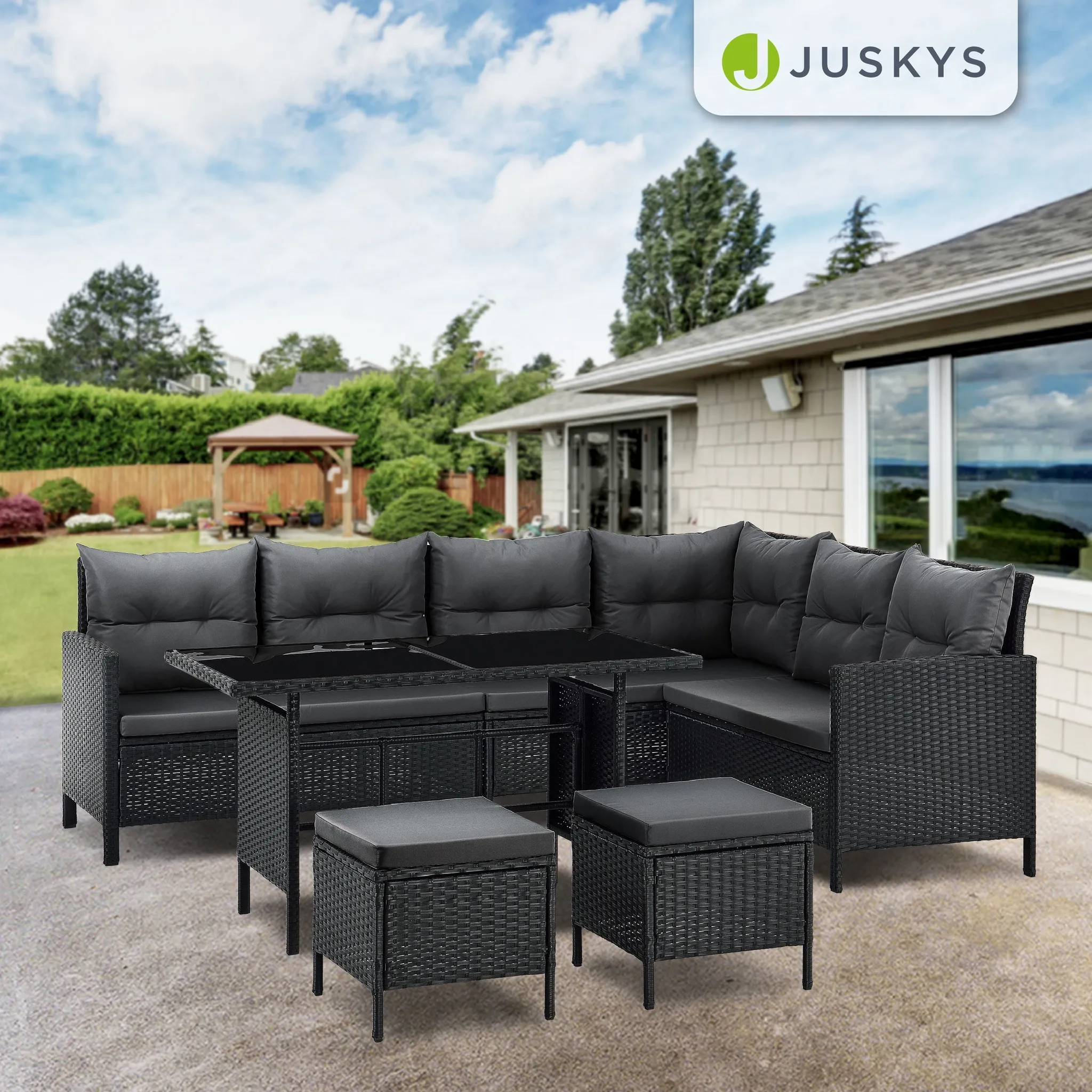 Juskys Polyrattan Lounge Manacor - Sofa, Tisch, Hocker & Kissen - Schwarz & Grau
