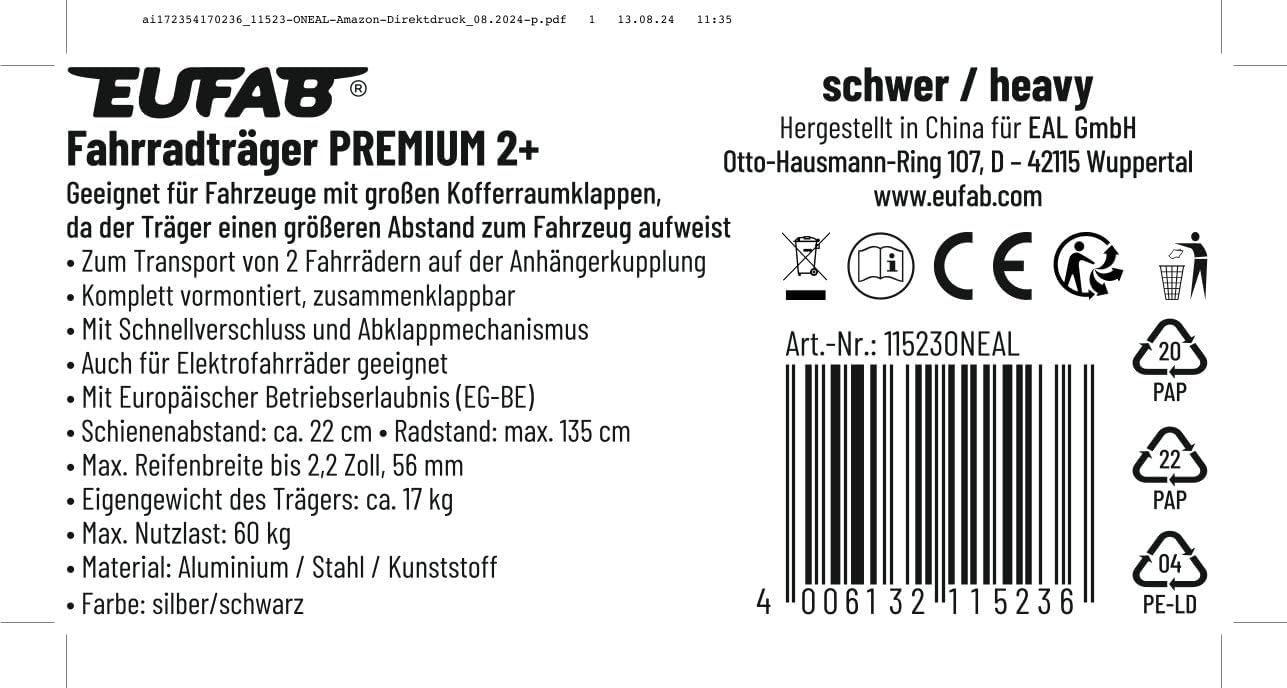 EUFAB 11523 premium II rear carrier for tow bar attachment