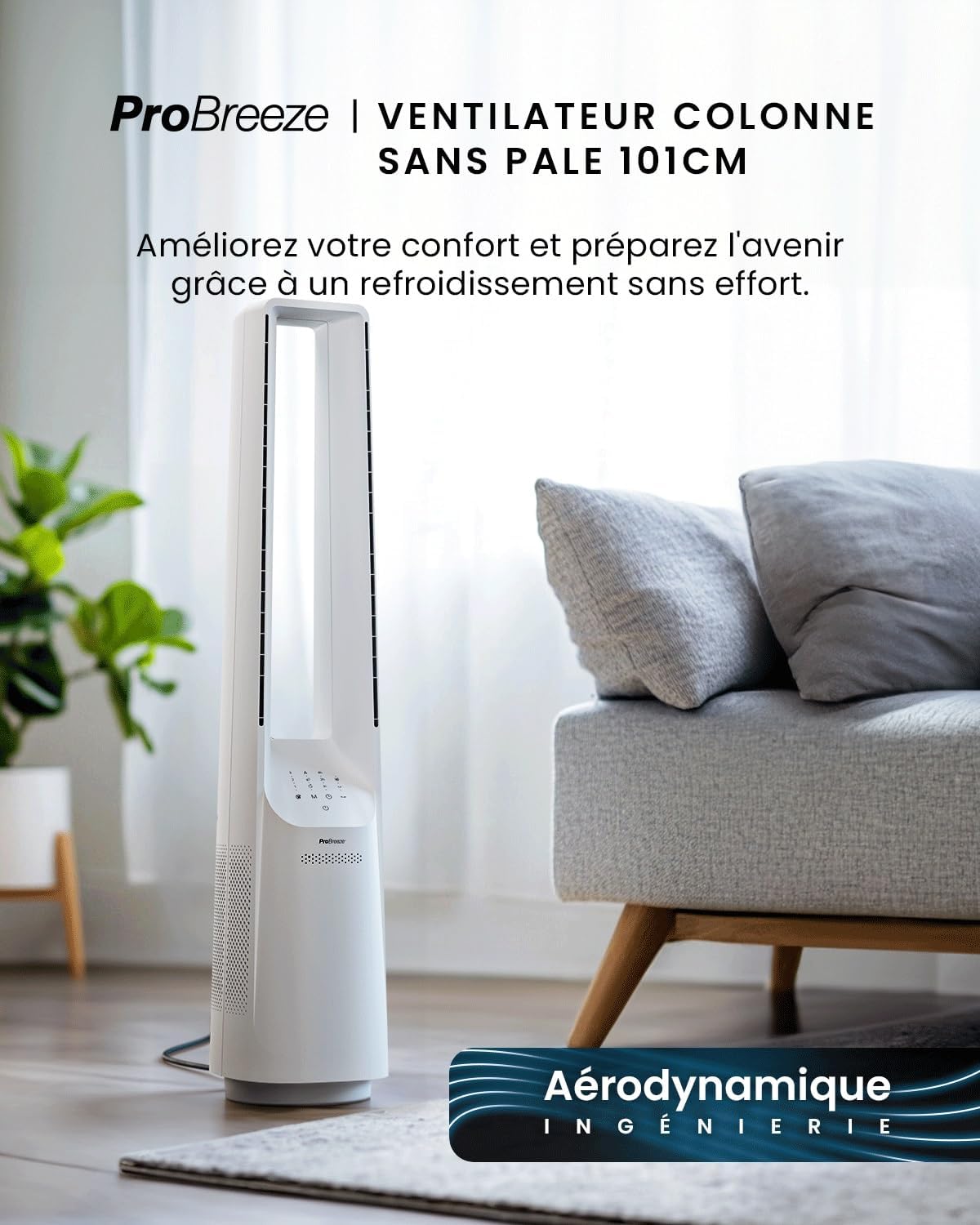 Pro Breeze Bladeless Tower Fan - 101cm Smart Tower Fan - WiFi - Ultra Quiet with Remote Control, LED Display, 6 Speeds, 5 Modes and 60° Oscillation