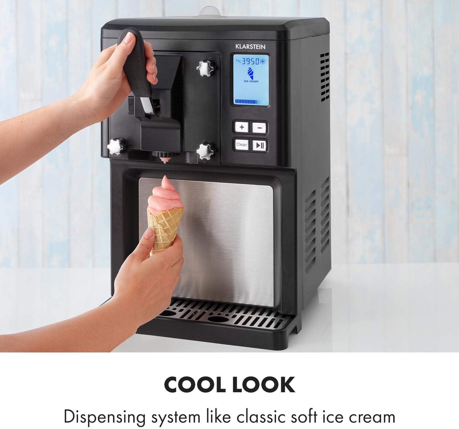 Klarstein Sweet Sundae- Ice Cream Machine, 1.5 Litres, with Self-Cooling Compressor, 200 Watts, Dispensing System, 3 Hour Auto-Cooling Function, Automatic Cleaning System, Stainless Steel
