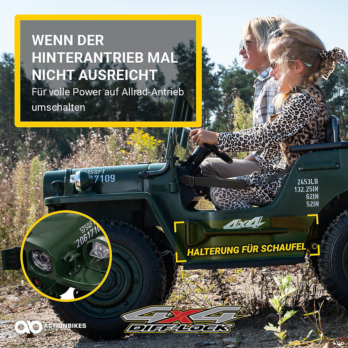 Kinder Elektroauto Jeep Willys - 4x45 Watt - Kinderauto mit Fernbedienung - Soundmodul grün