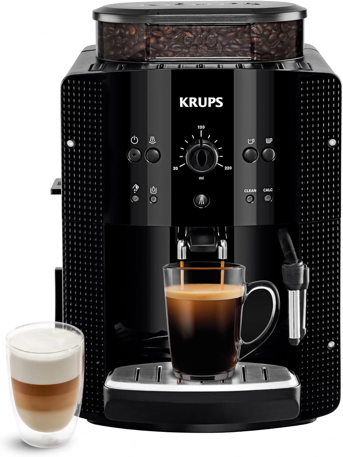 Krups Machine à café grain, 1,7 L, 2 tasses en simultané, Nettoyage automatique, Buse vapeur pour Cappuccino, Cafetière espresso, Essential noire YY8125FD
