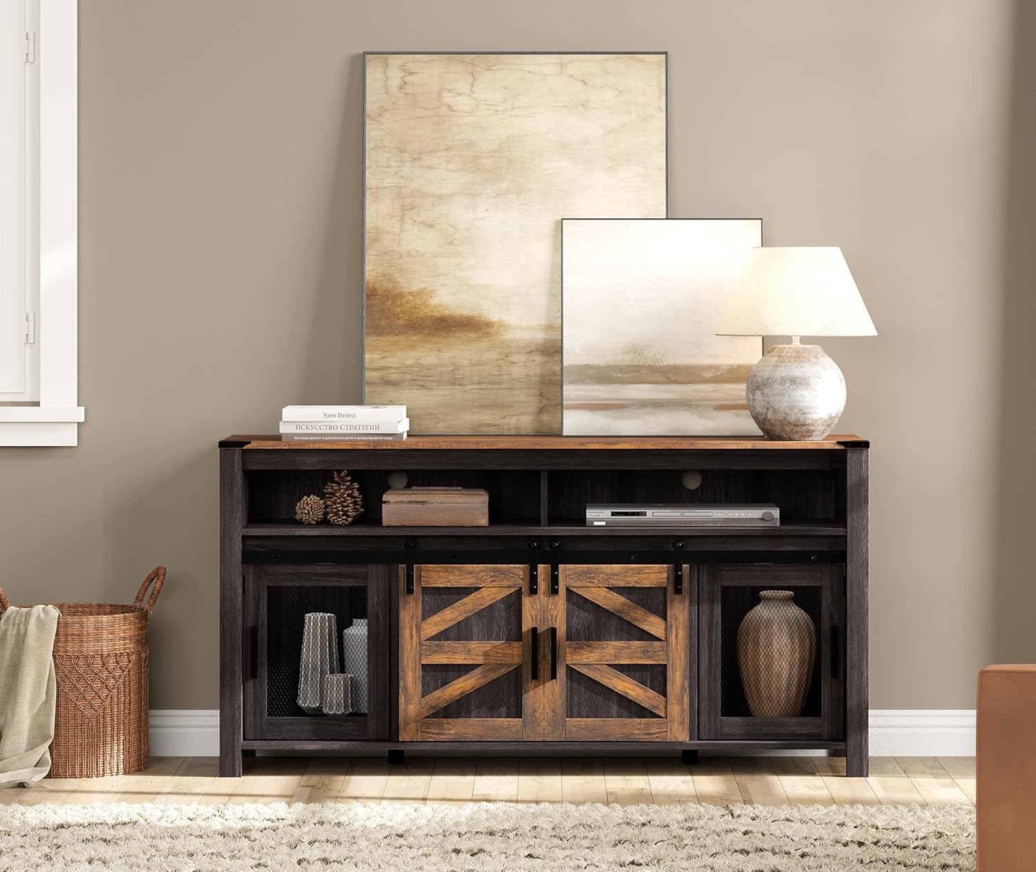 WAMPAT Farmhouse Buffet Cabinet,Rustic Sideboard with Sliding Barn Doors
