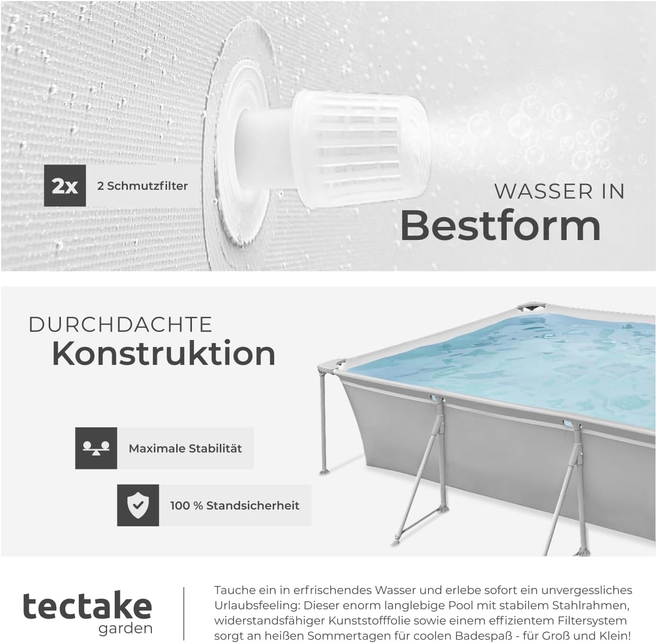 tectake® Swimming Pool, Large Swimming Pool, Rectangular, Frame Pool, Pool for Garden, Steel Frame Pool, Complete Set, Outdoor Garden Pool, Above Ground Pool, 300 x 207 x 70 cm, Grey