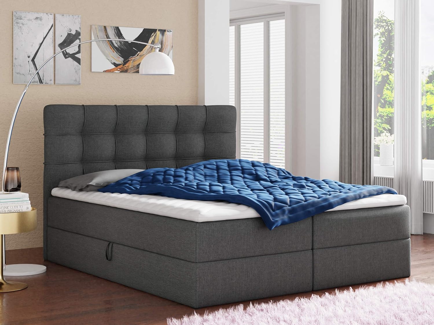 Best Upholstered Box Spring Double Bed Frame with 2 Storage Boxes, Bonell Mattress and Topper, for a Stylish Bedroom, Graphite (Inari 94), 180 x 200 cm