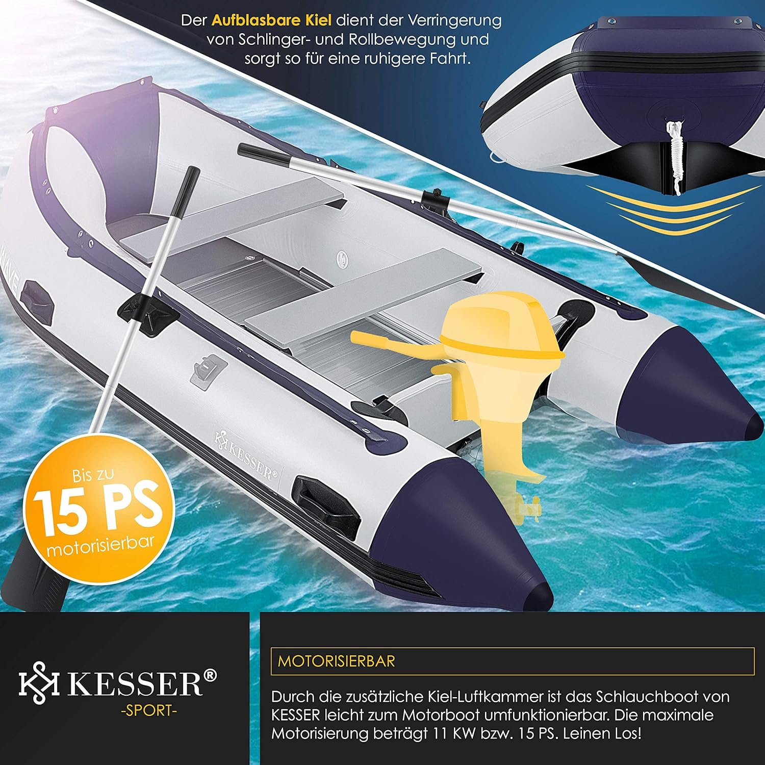 KESSER® Inflatable Boat 3.20 m for 4 People - Wave Motor Suitable Leisure Boat Paddle Boat Motor Boat Fishing Boat - with 2 Benches - Aluminium Base Paddle Pump Repair Kit & Bag Inflatable PVC