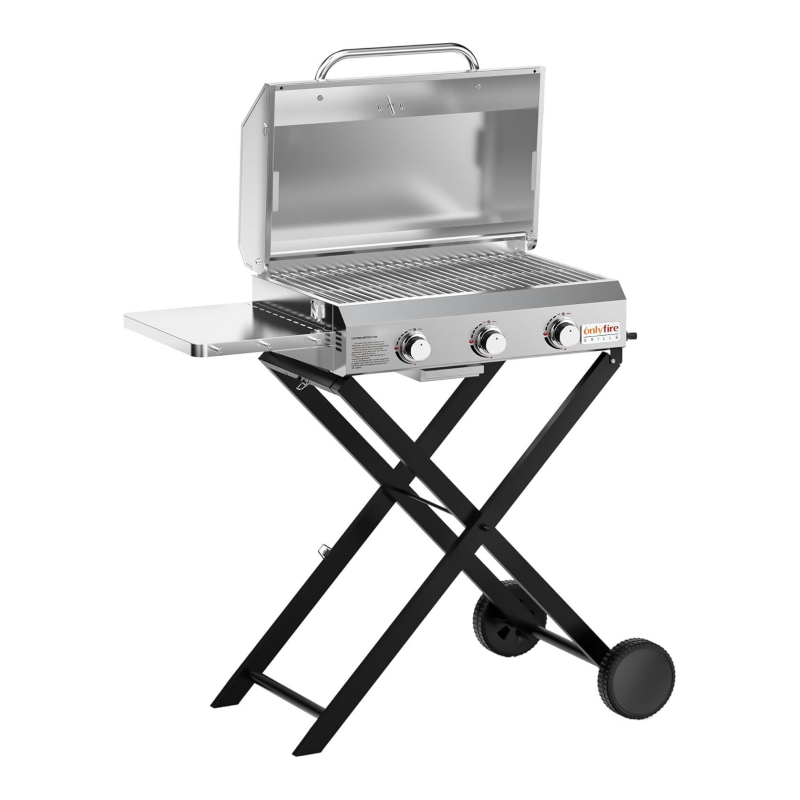 Onlyfire 3 Burner Gas Grill Trolley BBQ Gas Grill with Grill Grate 7 kW Grill Surface 56.5 x 34 cm with Side Tables, Foldable Trolley Wheels, Thermometer for Outdoor Camping Balcony Garden