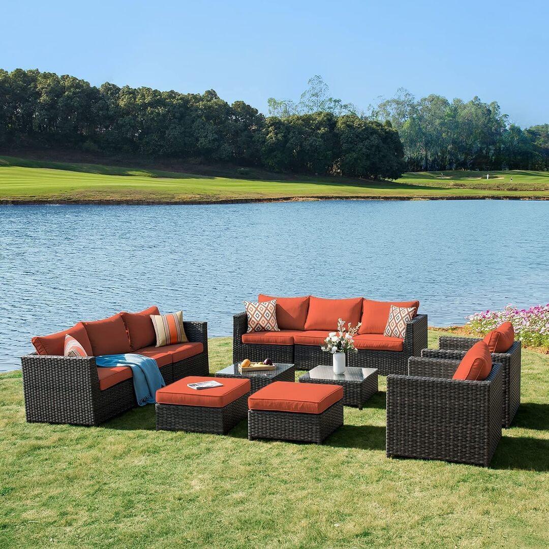 Outdoor Patio Furniture 12 Pcs Set ,Pe Rattan Wicker Sectional With 4 Pillows And Furniture Cover, No Assembly Required