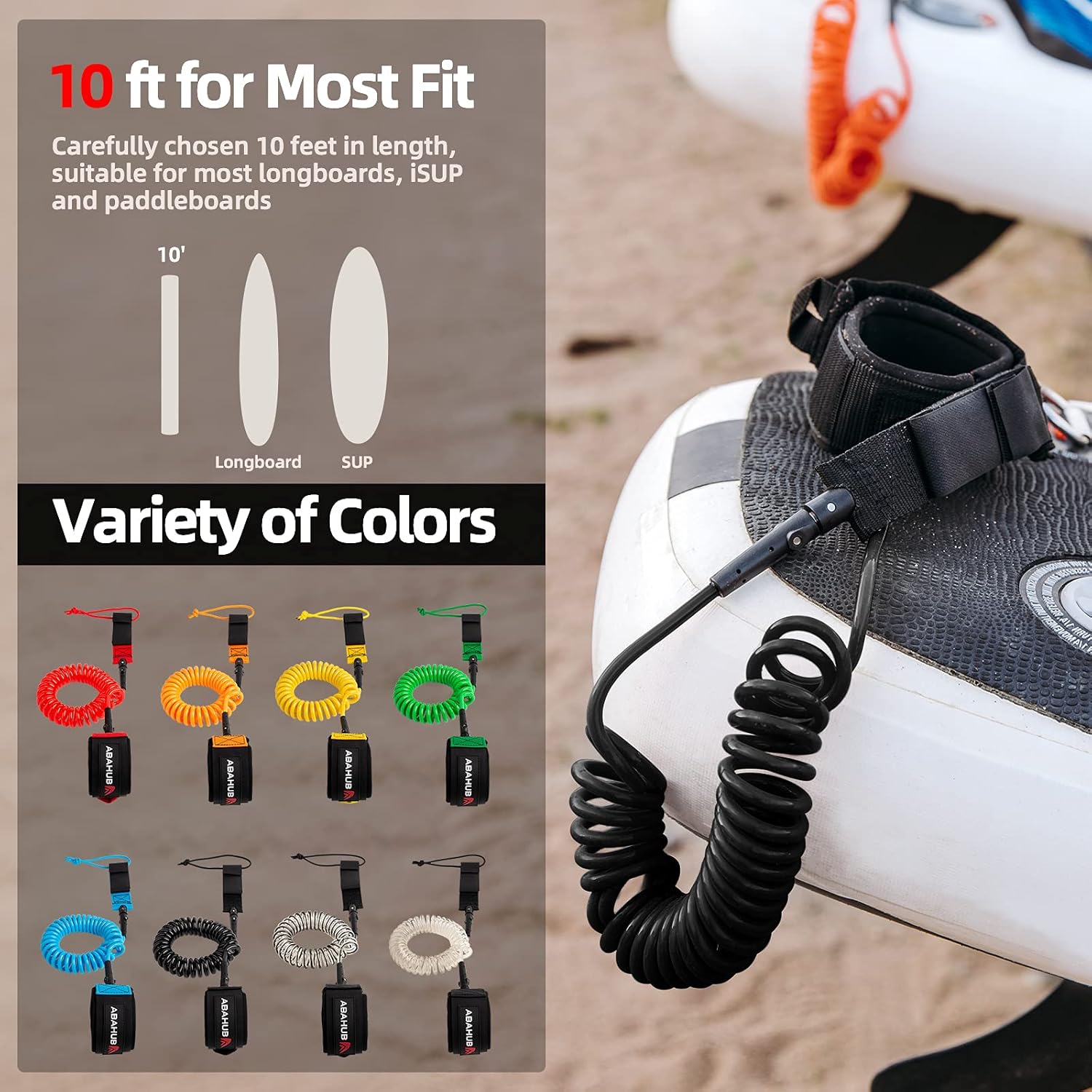 Abahub SUP Leash, Sup Zubehör, Surfboard Leash Board Sup Sicherheitsleine, Schwarz Transparent 10ft 7 mm Leash für Erwachsene