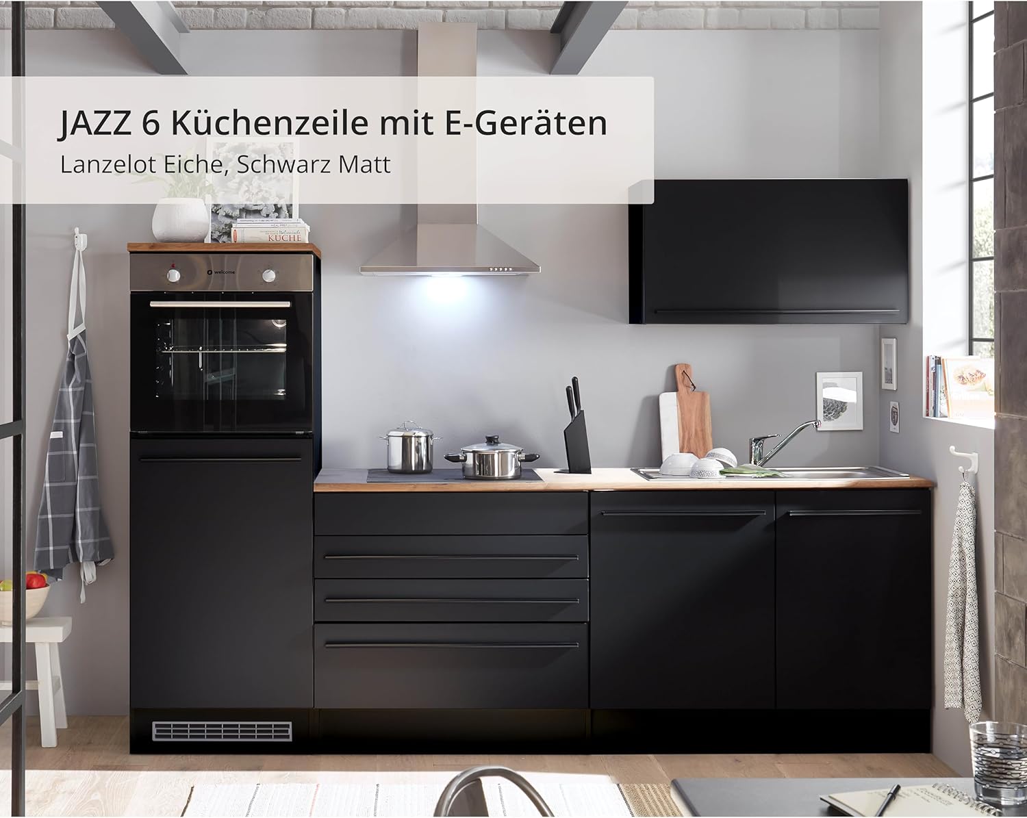 Jazz 6 Modern Kitchen Unit with Electrical Appliances in Matt Black, Lanzelot Oak Look - Spacious Fitted Kitchen with Lots of Storage Space - 260 x 200 x 60 cm (W x H x D)