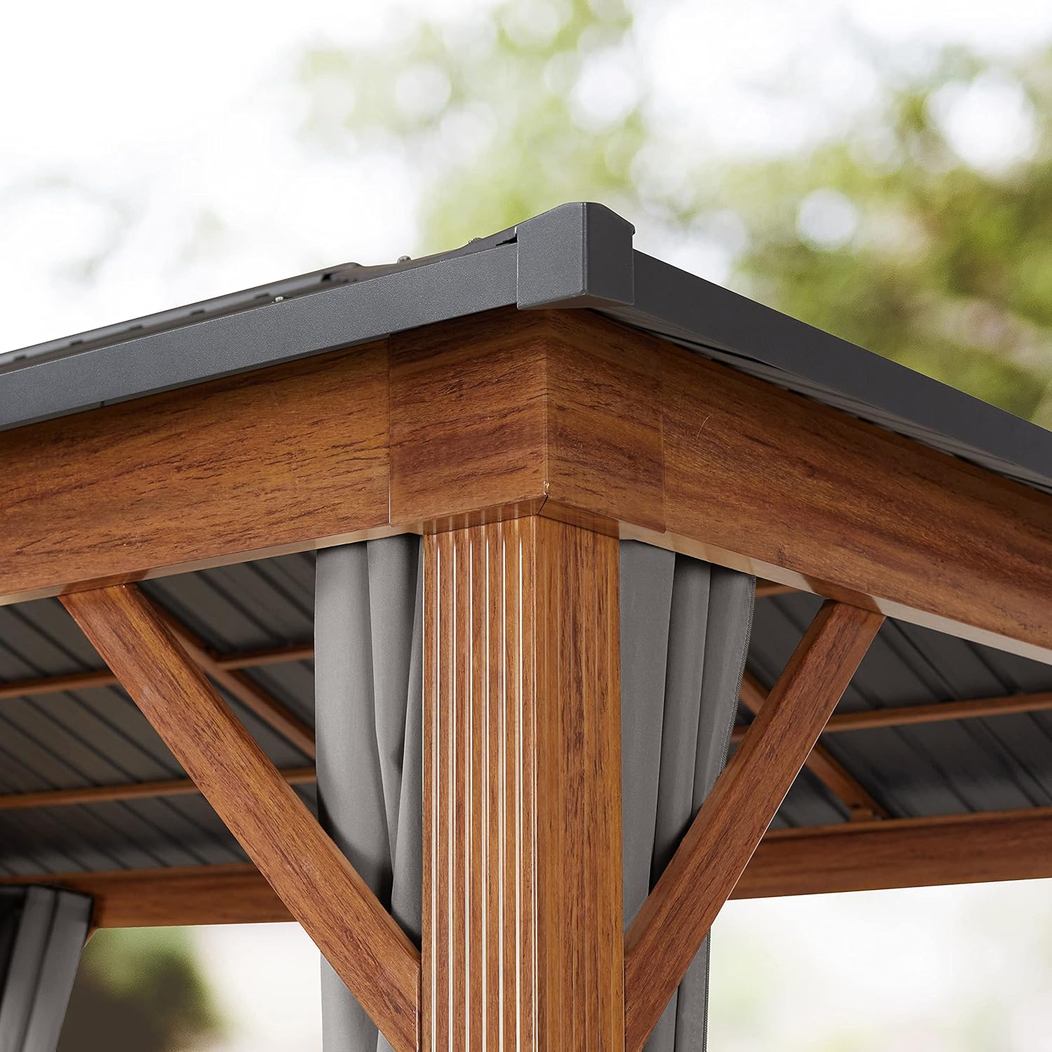 TOOLPORT Garden Gazebo 3 x 4 m Wood Effect Steel Roof Hardtop 4 Side Panels in Grey