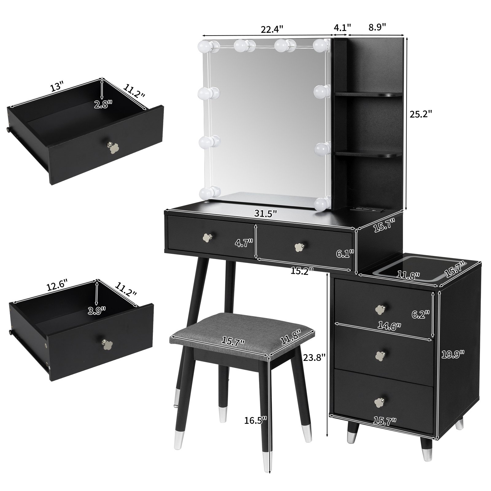 Gzxs Black Vanity Table Set with Gray Cushioned Stool, Wooden Dressing Desk with 5 Drawers,Storage Shelves,Charging Station,Three-Tone Lighting Panel, Mirrored Cabinet with 10 LED Lamps