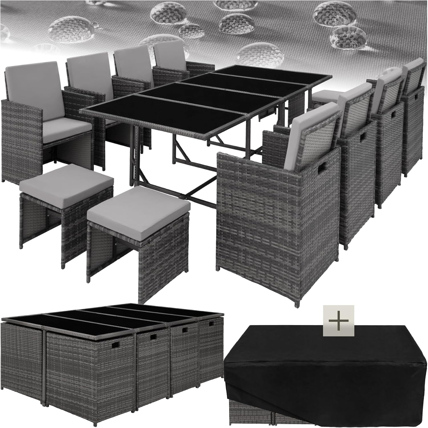 TecTake Rattan Garden Furniture Set - Outdoor Dining Set with 8 Comfortable Chairs, 4 Stools, and 1 Table - Balcony and Patio Furniture - Black/Grey