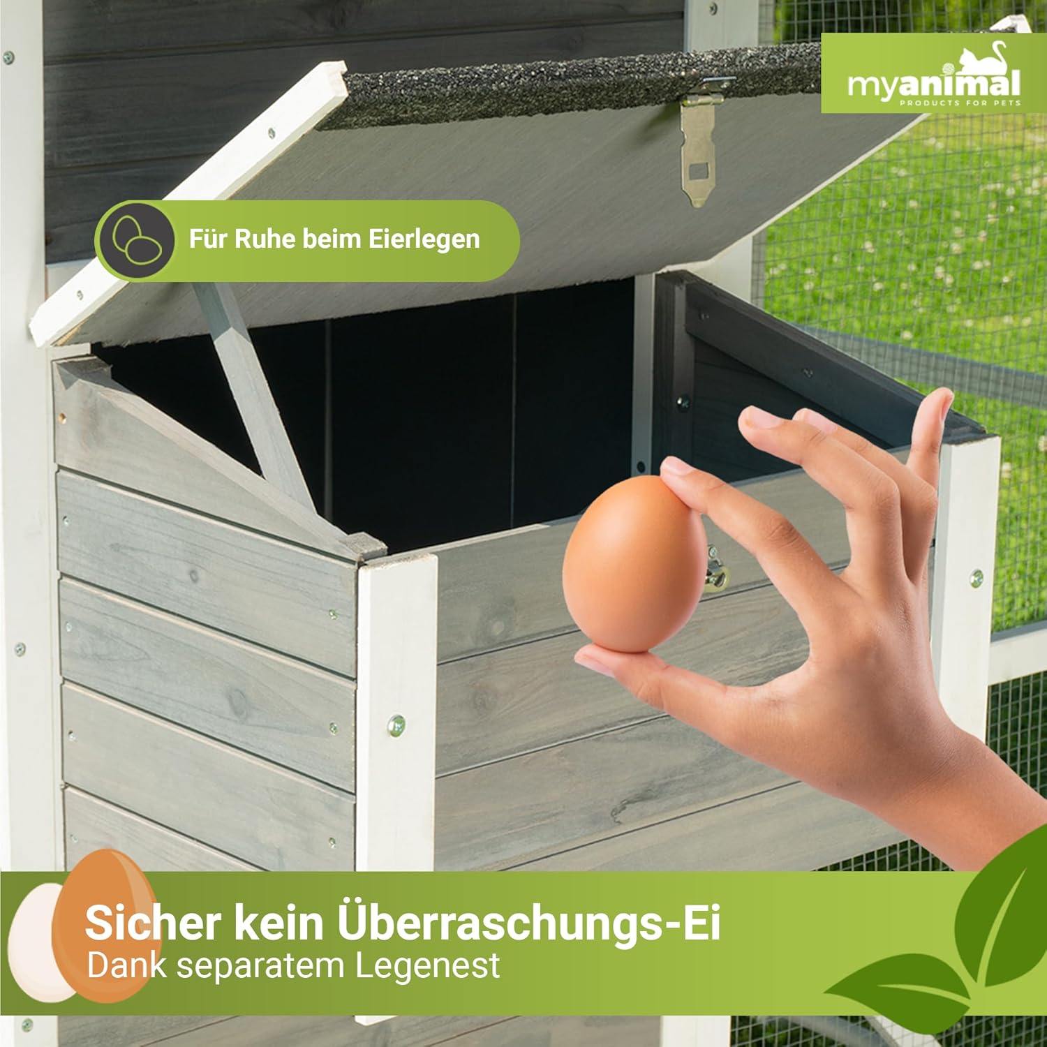 Miweba MyAnimal Hühnerstall MH-15 XXL | 186x146x147 cm - Für 7 Hühner - Nistkasten mit Freilaufgehege - Sitzstange - Winterfest - 2 Ebenen - Hühnerhaus mit Eiablage - Kiefernholz - Voliere (Grau/Weiß)