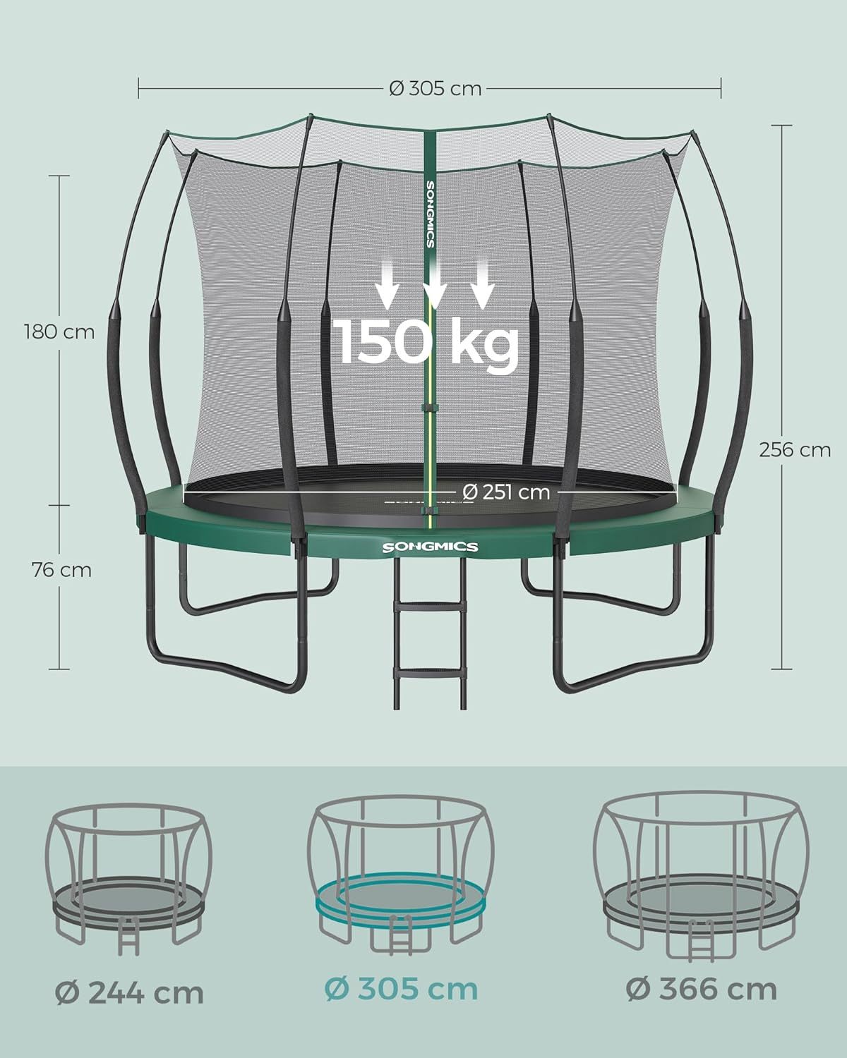 SONGMICS Springless Trampoline Ø 305 cm, Outdoor Trampoline for Children, Elastic Ropes, Safety Net with Zipper, Fiberglass Poles, Safe, Quiet