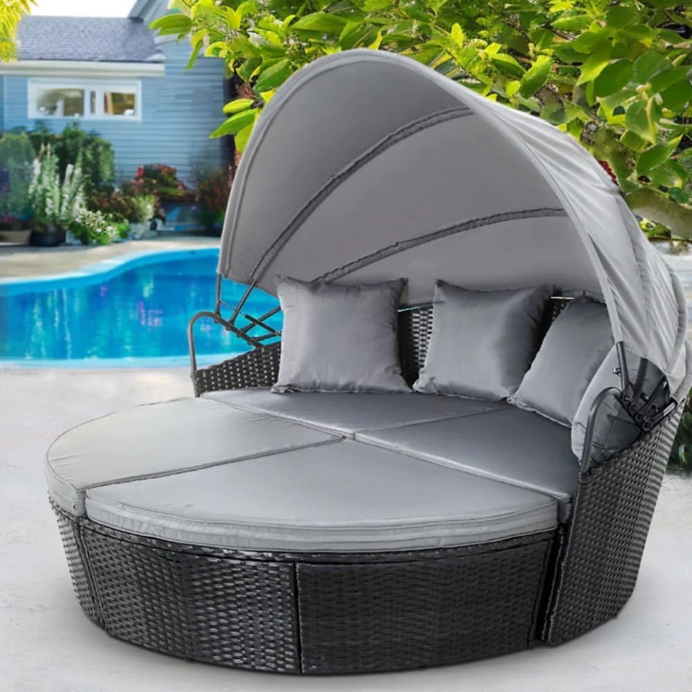 EVRE Bali 3 Piece Modular Round Rattan Wicker Patio Garden Furniture Daybed Sun Lounger Set