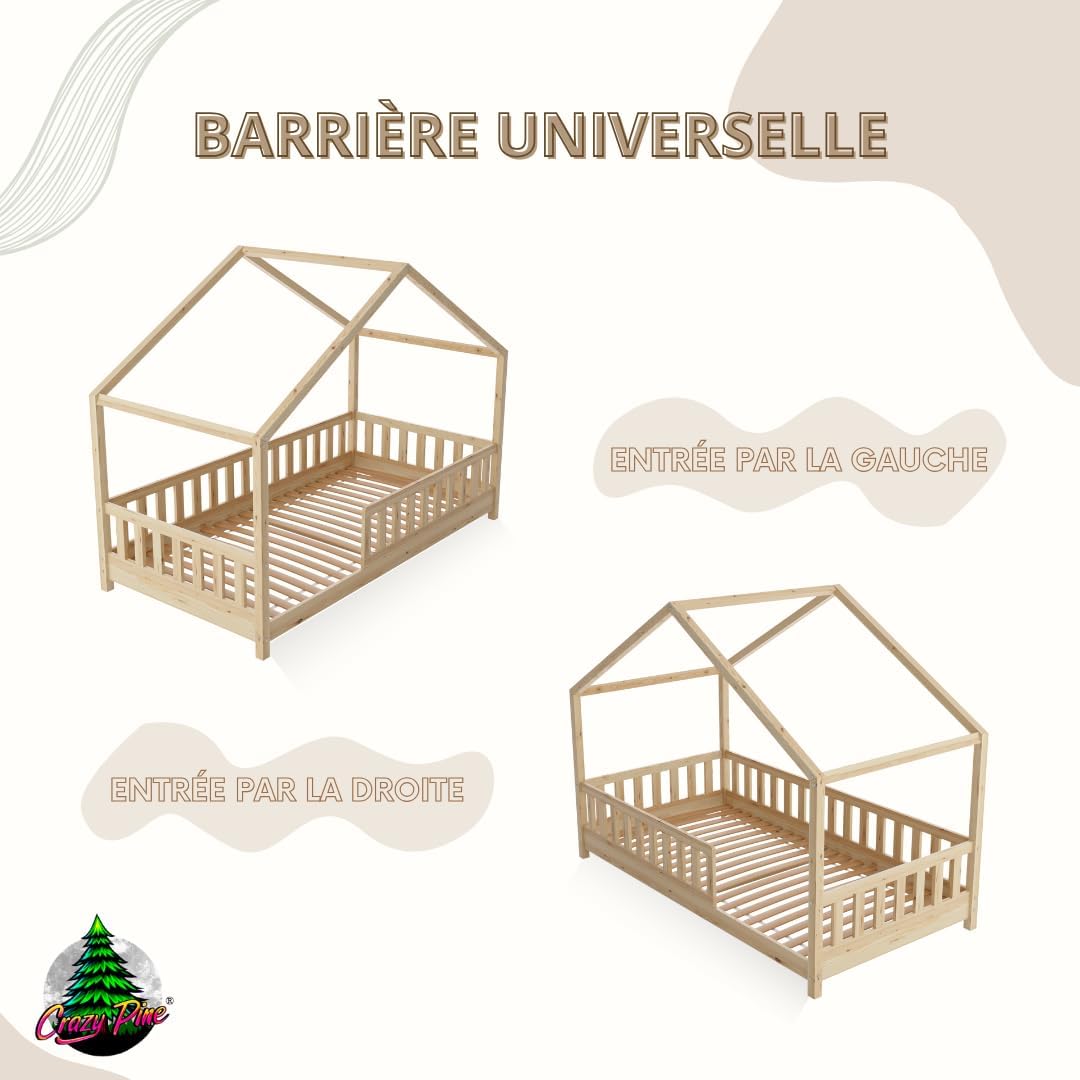 Crazy Pine Cabin Bed 160x80 cm – Natural Wood Children's Bed with Barrier – Montessori Floor Bed with Height-Adjustable Legs and Removable Barrier - Crazy House