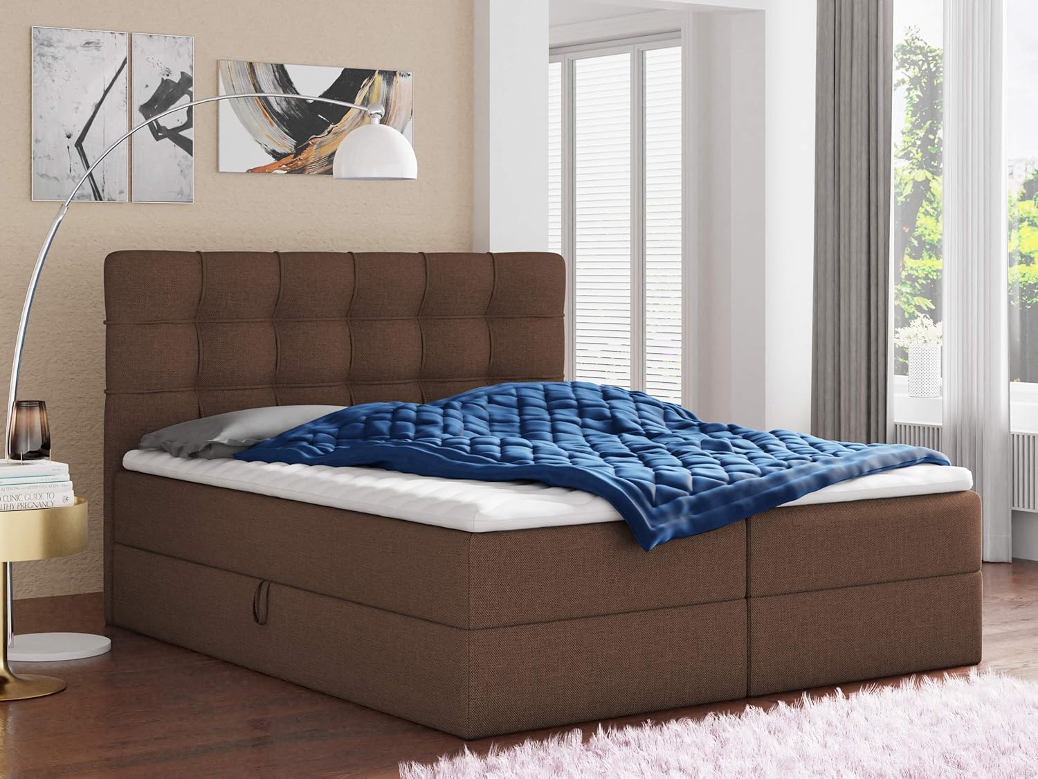 Best Upholstered Box Spring Double Bed Frame with 2 Storage Boxes, Bonell Mattress and Topper, for a Stylish Bedroom, Graphite (Inari 94), 180 x 200 cm